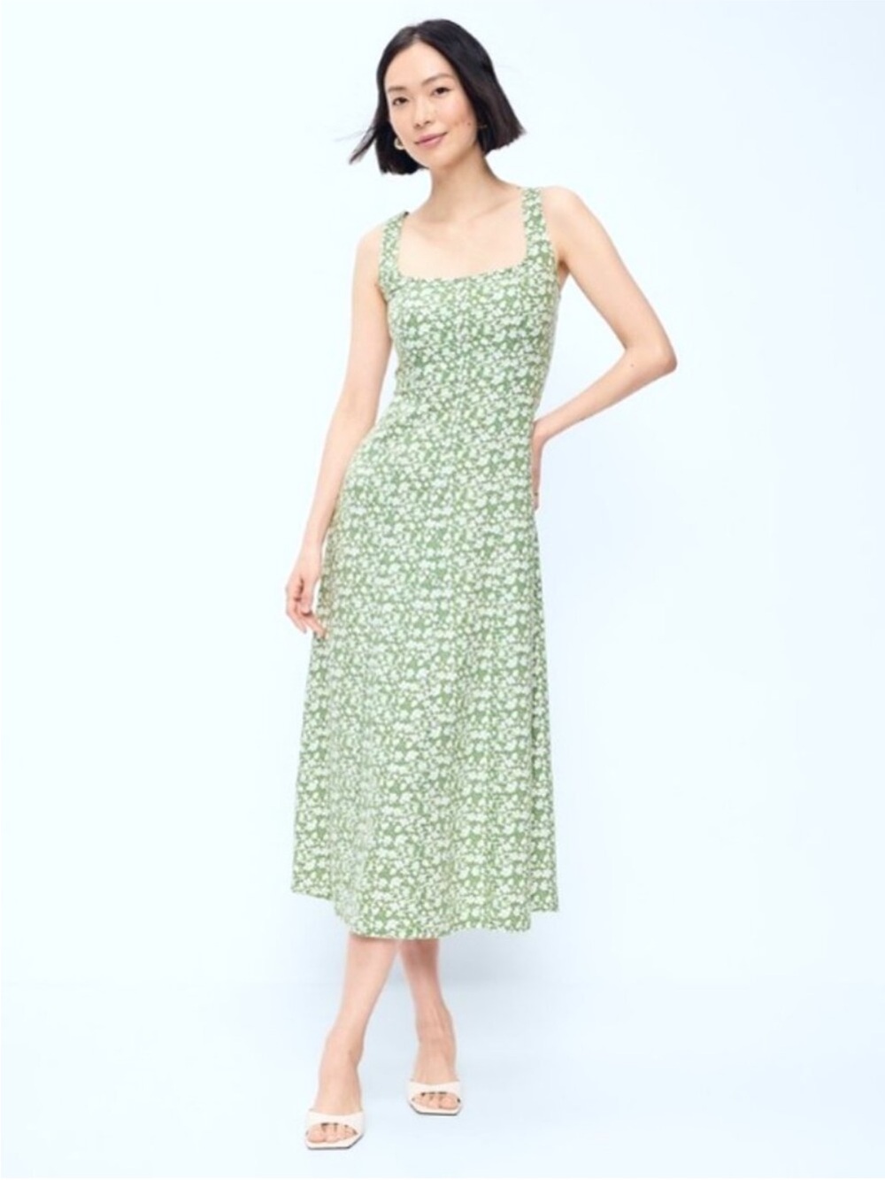 Old Navy Green Floral Linen Blend Midi Dress Square Neck Size S Cottagecore